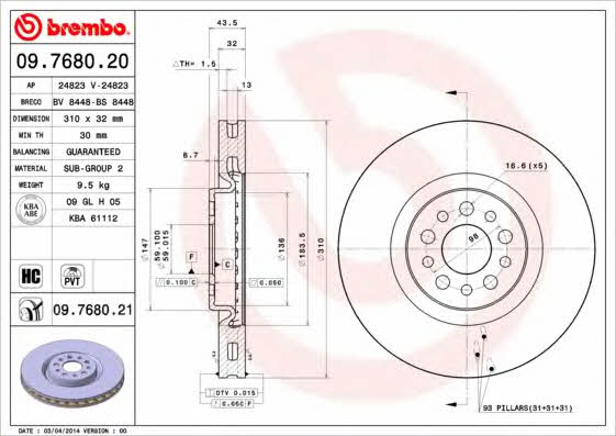 Front vented brake disc Brembo 09.7680.21