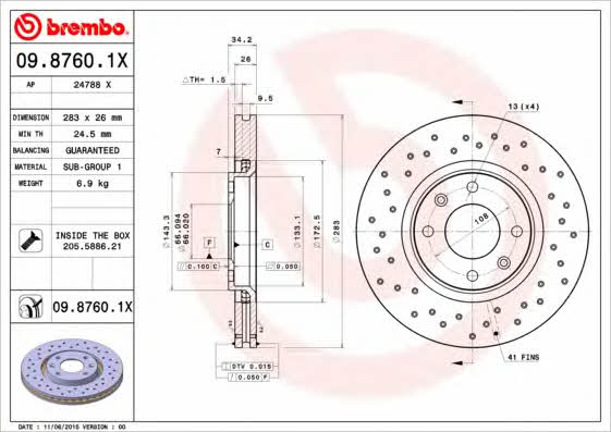 Ventilated brake disc with perforation Brembo 09.8760.1X