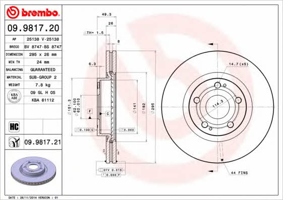 Vented brake disc, 1 pc Brembo 09.9817.21