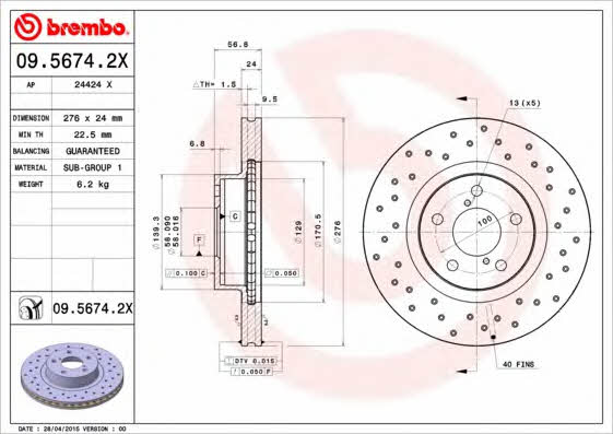 Ventilated brake disc with perforation Brembo 09.5674.2X