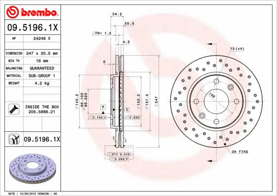 Ventilated brake disc with perforation Brembo 09.5196.1X