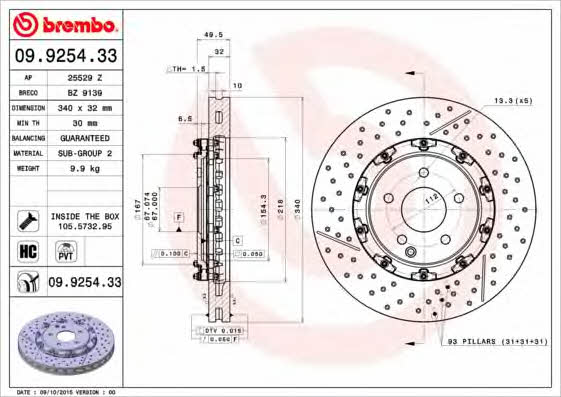 Ventilated brake disc with slotting and perforation Brembo 09.9254.33