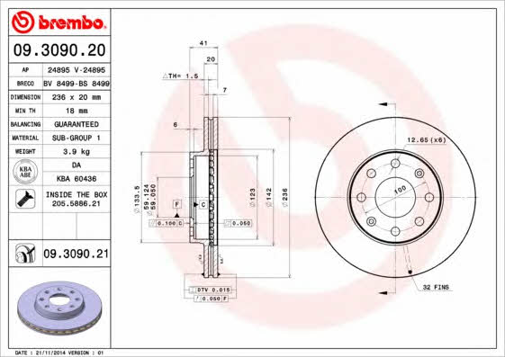 Ventilated disc brake, 1 pcs. Brembo 09.3090.21