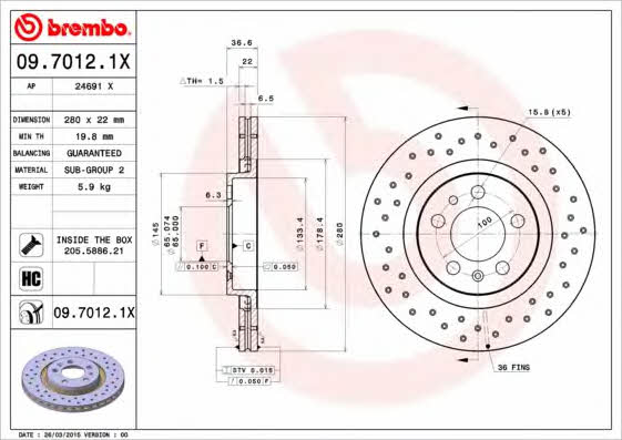 Ventilated brake disc with perforation Brembo 09.7012.1X