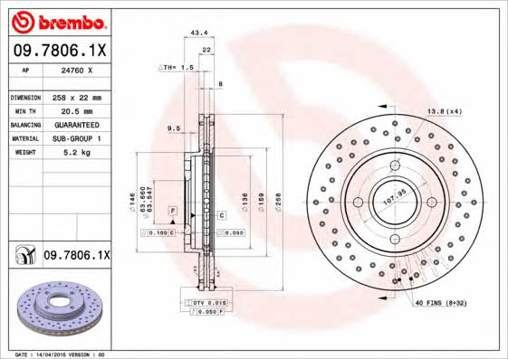 Ventilated brake disc with perforation Brembo 09.7806.1X