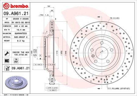 Ventilated brake disc with perforation Brembo 09.A961.21