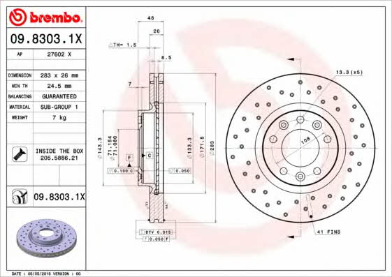 Ventilated brake disc with perforation Brembo 09.8303.1X