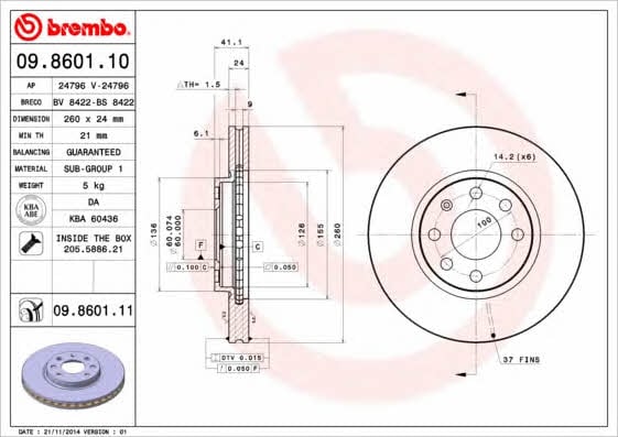 Vented brake disc, 1 pc Brembo 09.8601.11