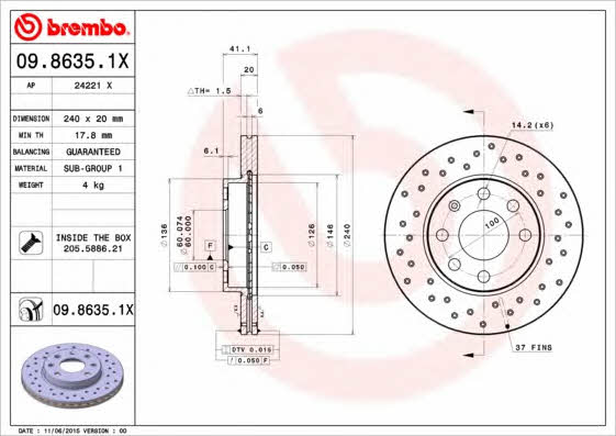 Front vented brake disc Brembo 09.8635.1X