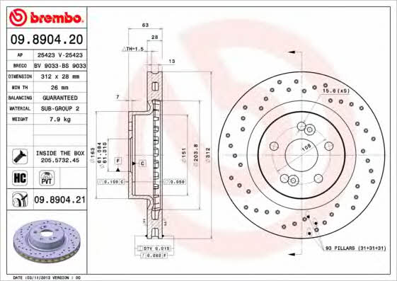 Ventilated brake disc with perforation Brembo 09.8904.21