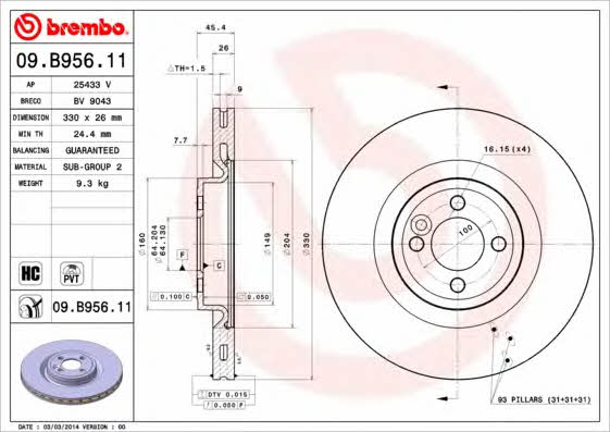 Vented brake disc, 1 pc Brembo 09.B956.11