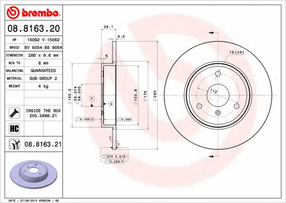Unventilated front brake disc Brembo 08.8163.21
