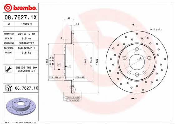 Unventilated brake disc Brembo 08.7627.1X
