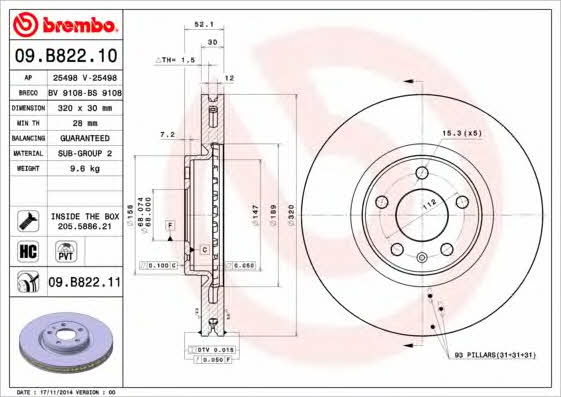 Vented brake disc, 1 pc Brembo 09.B822.11