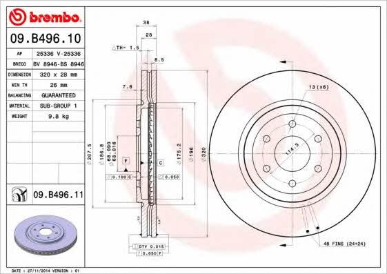 Vented brake disc, 1 pc Brembo 09.B496.11