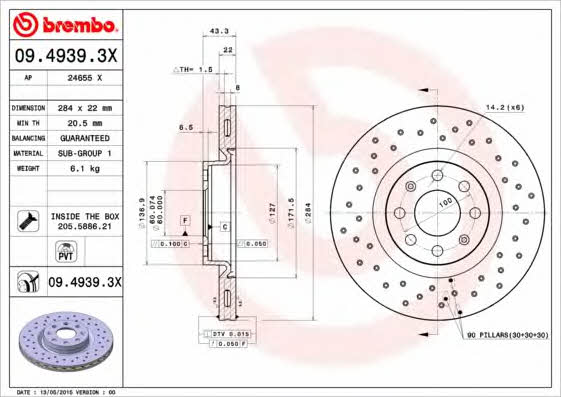 Ventilated brake disc with perforation Brembo 09.4939.3X
