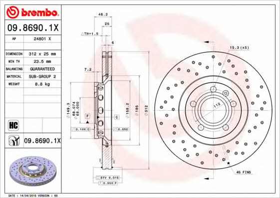 Ventilated brake disc with perforation Brembo 09.8690.1X