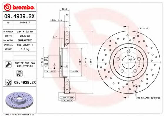 Ventilated brake disc with perforation Brembo 09.4939.2X