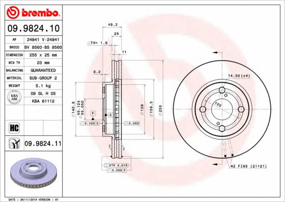 Vented brake disc, 1 pc Brembo 09.9824.11