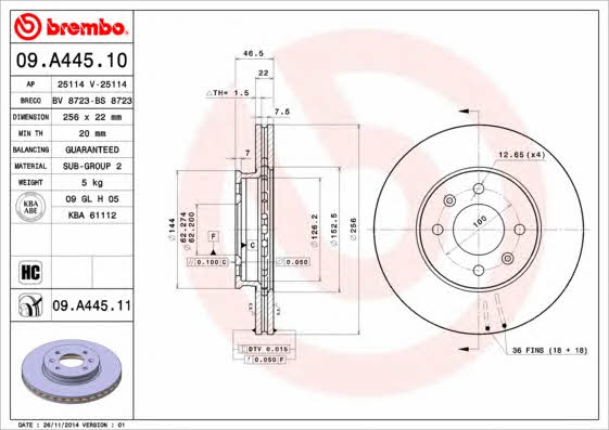 Vented brake disc, 1 pc Brembo 09.A445.11
