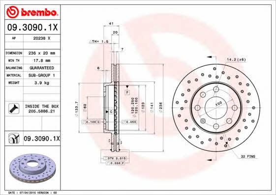 Ventilated brake disc with perforation Brembo 09.3090.1X