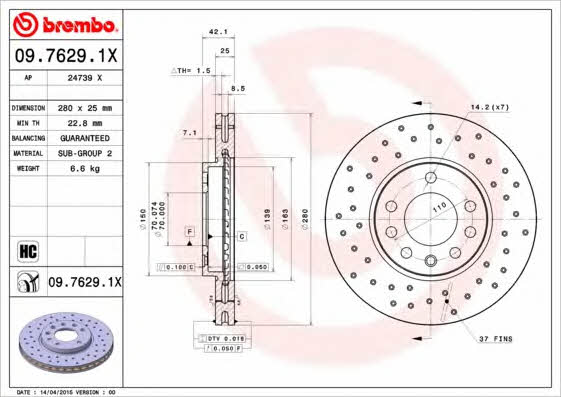 Ventilated brake disc with perforation Brembo 09.7629.1X