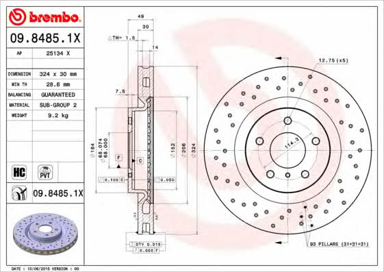 Ventilated brake disc with perforation Brembo 09.8485.1X