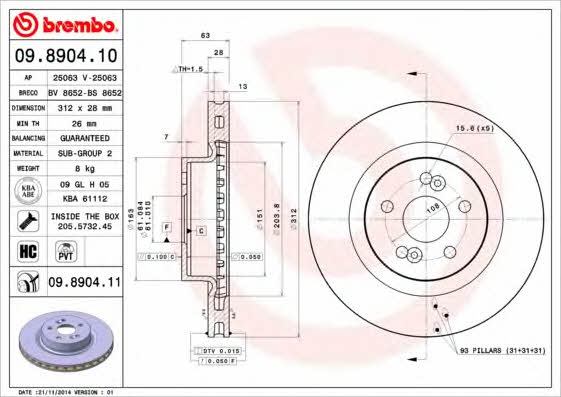 Ventilated disc brake, 1 pcs. Brembo 09.8904.11