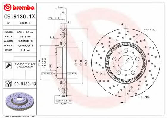 Ventilated brake disc with perforation Brembo 09.9130.1X