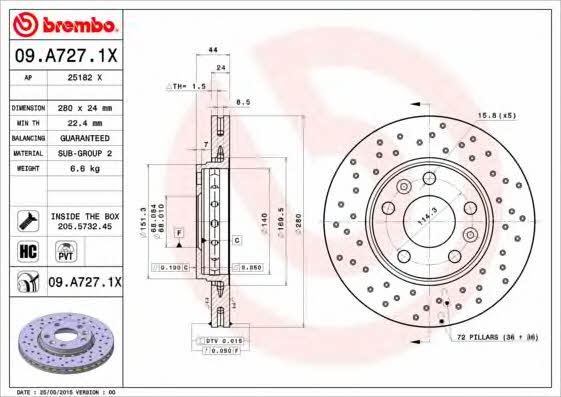 Front brake disc ventilated Brembo 09.A727.1X