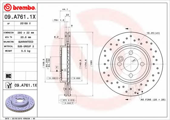Ventilated brake disc with perforation Brembo 09.A761.1X