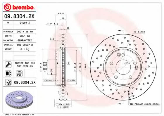 Ventilated brake disc with perforation Brembo 09.8304.2X