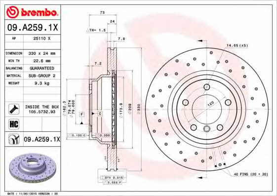 Ventilated brake disc with perforation Brembo 09.A259.1X