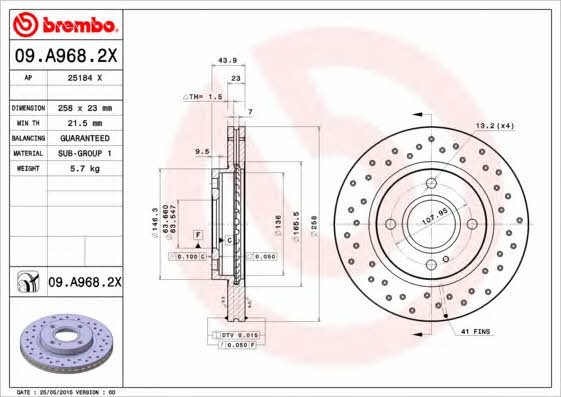 Ventilated brake disc with perforation Brembo 09.A968.2X