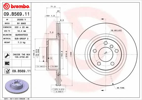 Rear ventilated brake disc Brembo 09.B569.11