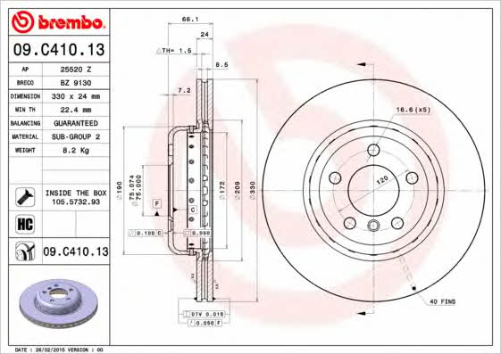 Ventilated disc brake, 1 pcs. Brembo 09.C410.13