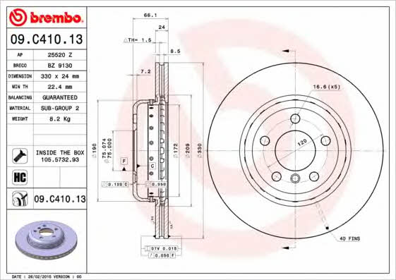 Vented brake disc, 1 pc Brembo 09.C410.13