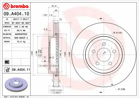 Vented brake disc, 1 pc Brembo 09.A404.11