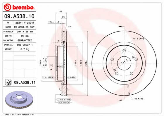 Vented brake disc, 1 pc Brembo 09.A538.11