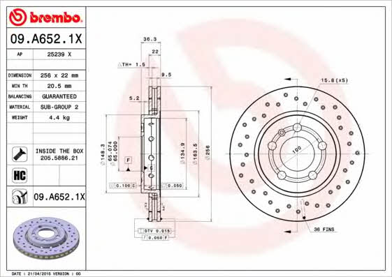 Ventilated brake disc with perforation Brembo 09.A652.1X