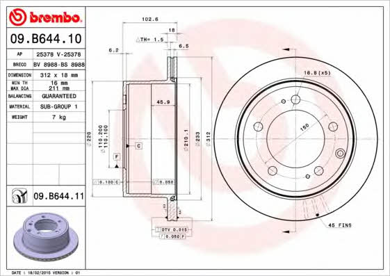 Brembo 09.B644.11 Rear ventilated brake disc 09B64411