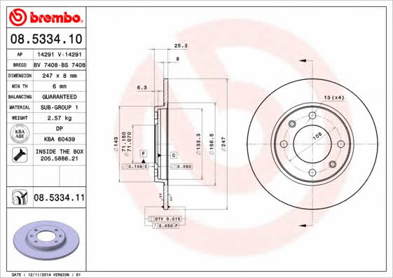 Rear solid brake disc Brembo 08.5334.11