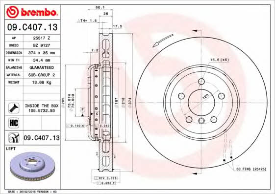 Ventilated disc brake, 1 pcs. Brembo 09.C407.13