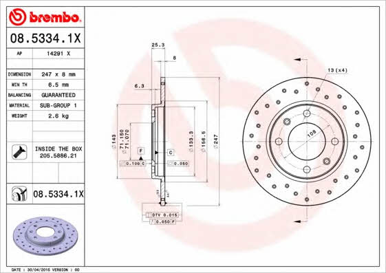 Unventilated brake disc Brembo 08.5334.1X