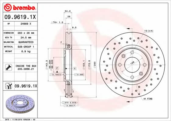 Ventilated brake disc with perforation Brembo 09.9619.1X