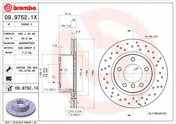 Ventilated brake disc with perforation Brembo 09.9752.1X