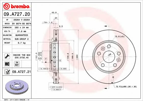 Brembo 09.A727.21 Ventilated disc brake, 1 pcs. 09A72721
