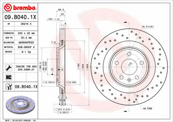 Rear vented brake disc Brembo 09.B040.1X