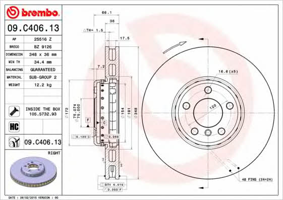Vented brake disc, 1 pc Brembo 09.C406.13