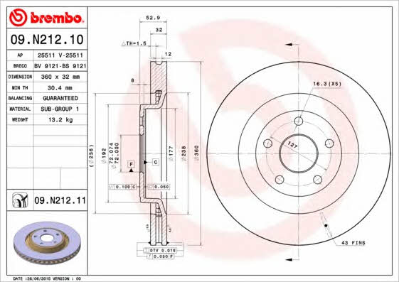 Ventilated disc brake, 1 pcs. Brembo 09.N212.11